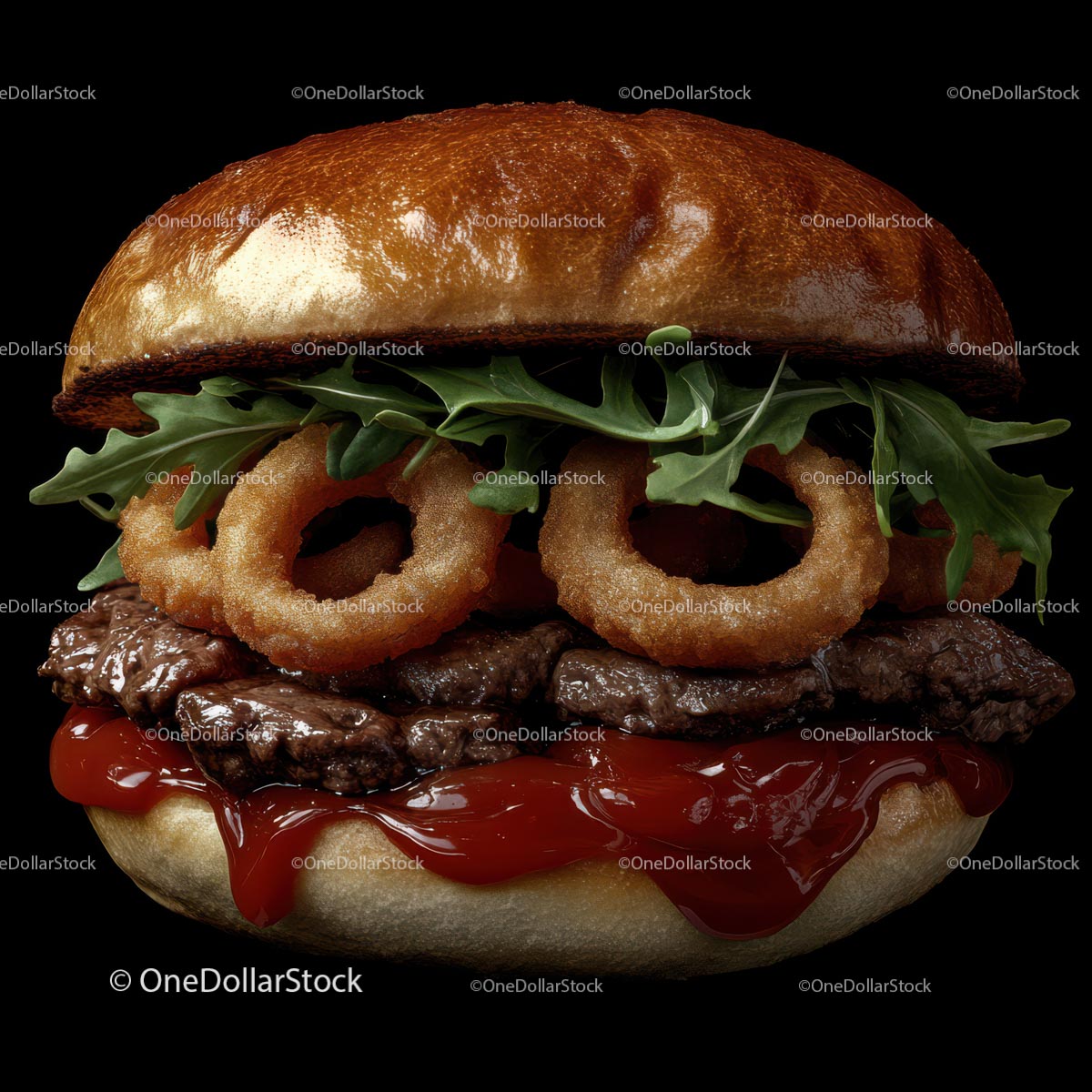 Gourmet Burger with Onion Rings and Arugula