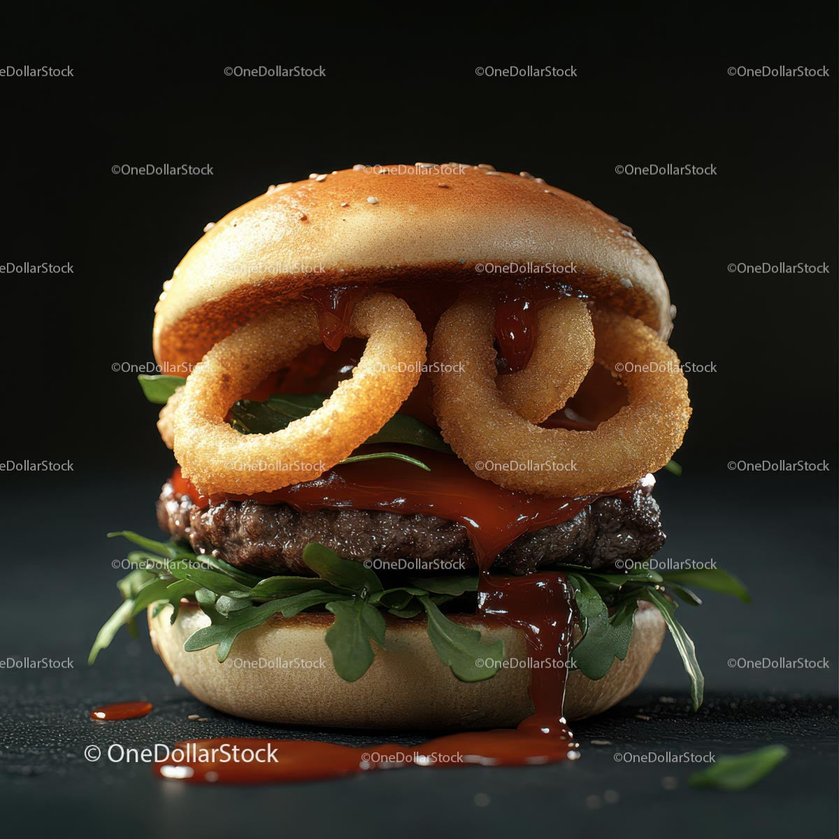 Gourmet Burger with Onion Rings and Arugula