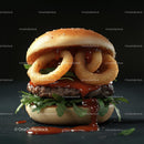 Gourmet Burger with Onion Rings and Arugula