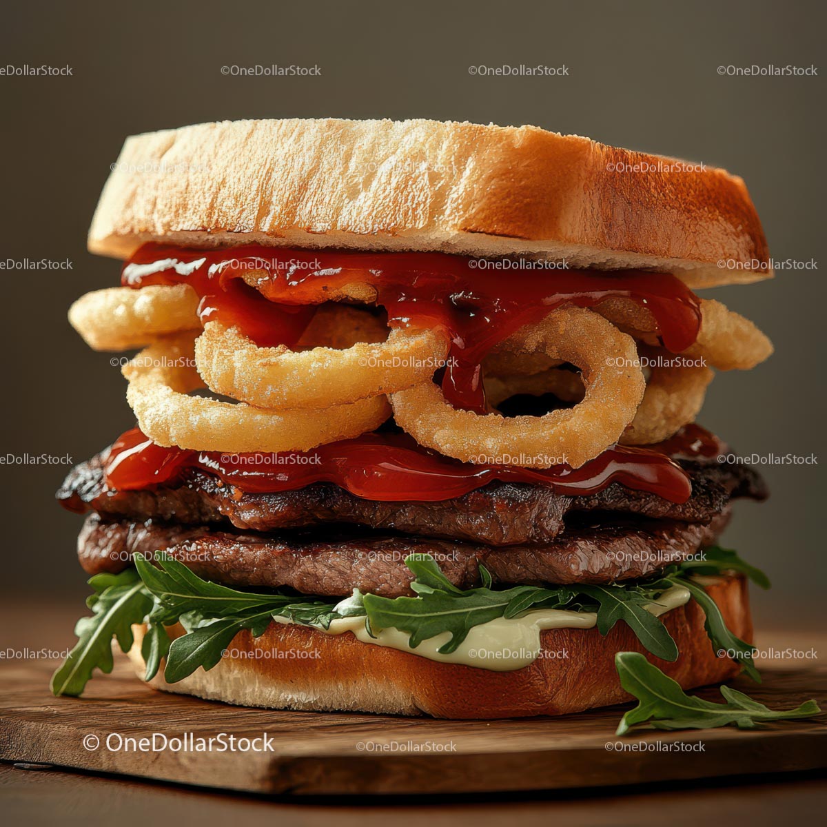 Gourmet Burger with Onion Rings and Arugula