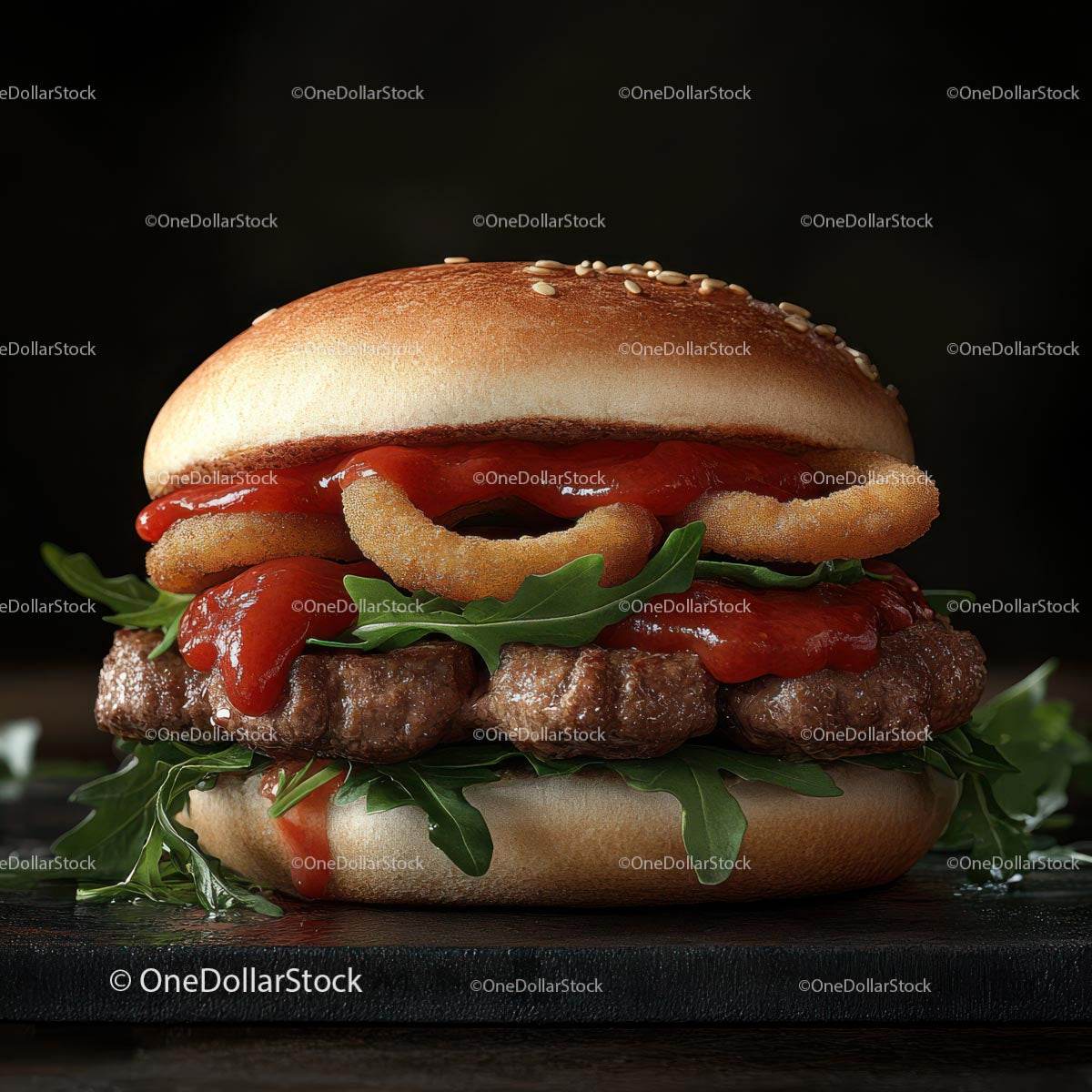 Gourmet Beef Burger with Onion Rings and Arugula