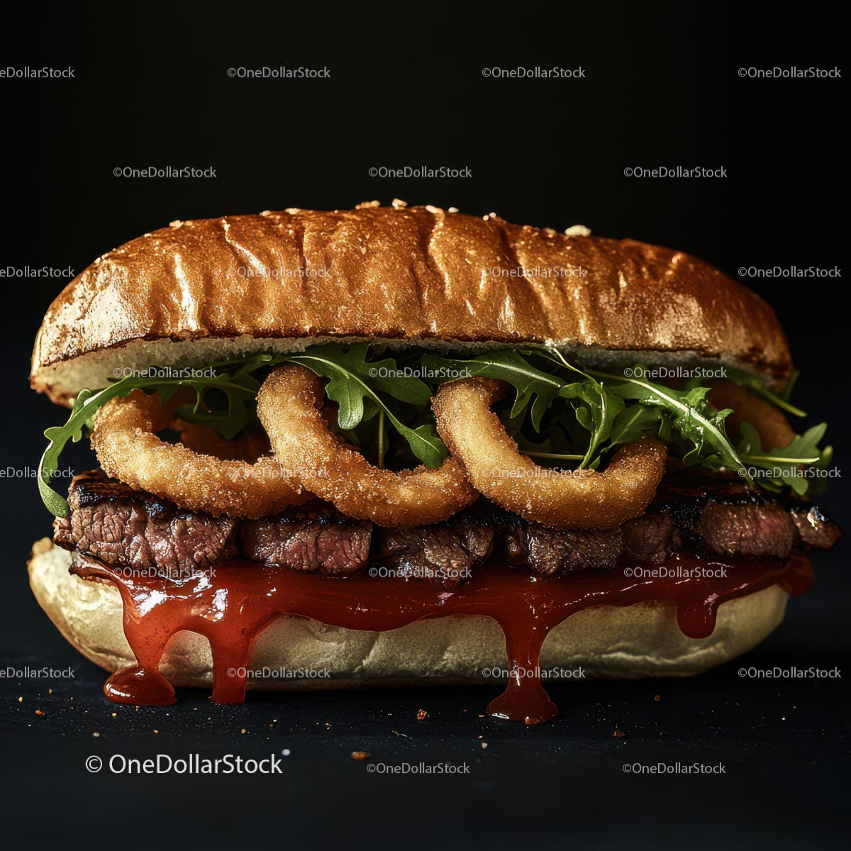 Gourmet Burger with Arugula and Onion Rings