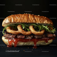 Gourmet Burger with Onion Rings and Arugula