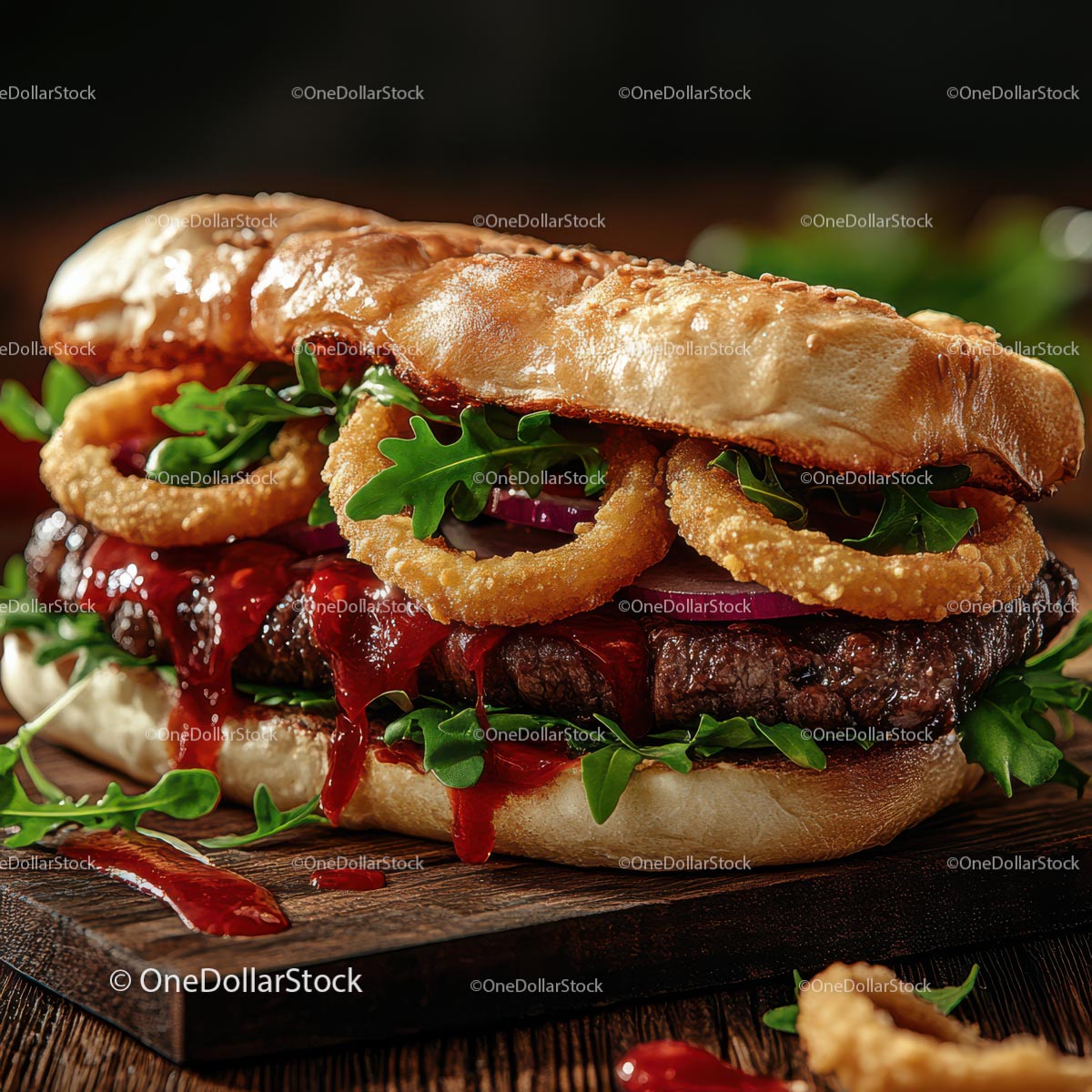 Gourmet Burger with Onion Rings and Arugula