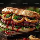 Gourmet Burger with Onion Rings and Arugula