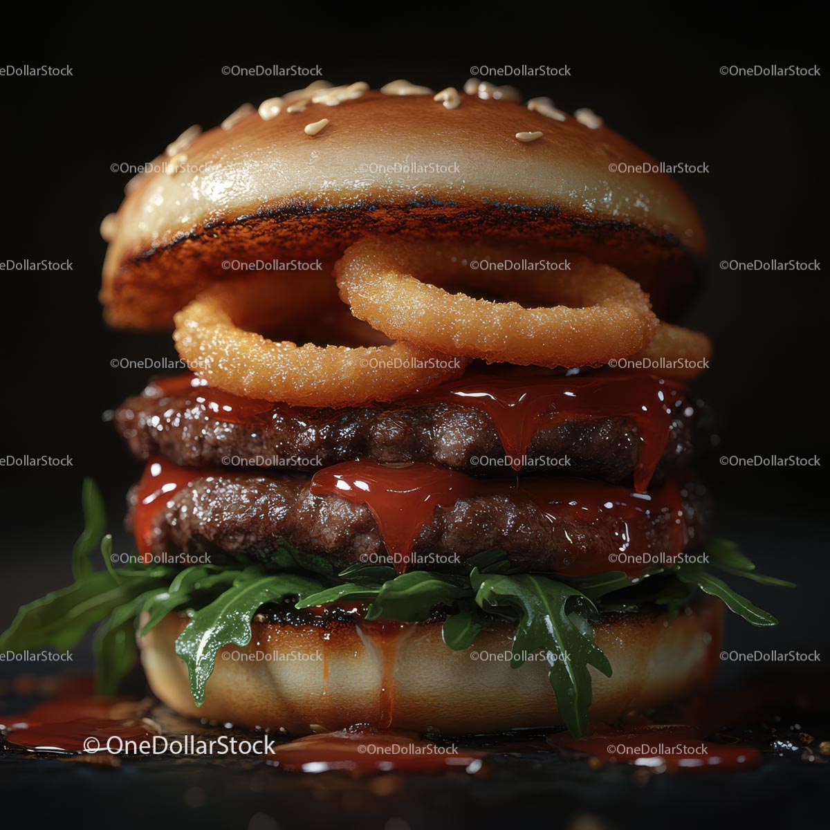 Gourmet Burger with Onion Rings and Arugula