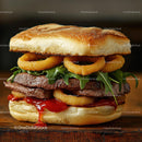 Gourmet Burger with Onion Rings and Arugula