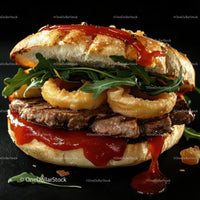 Gourmet Burger with Onion Rings and Arugula