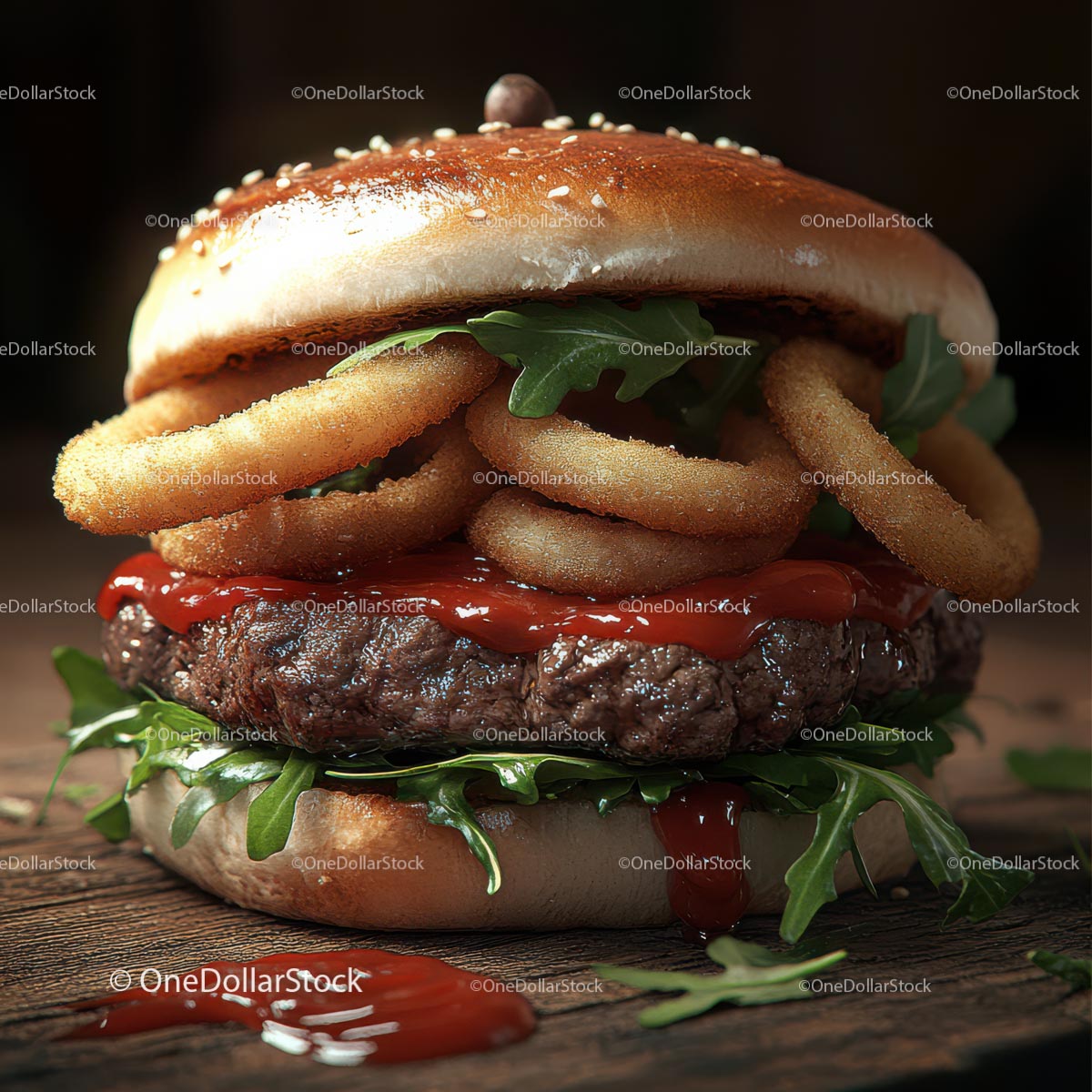 Gourmet Burger with Onion Rings and Arugula