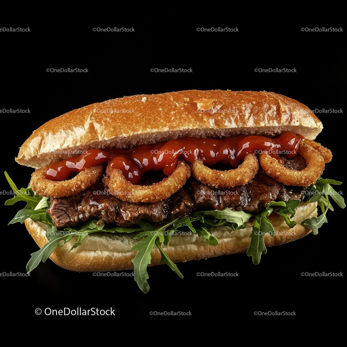 Gourmet Burger with Onion Rings and Arugula