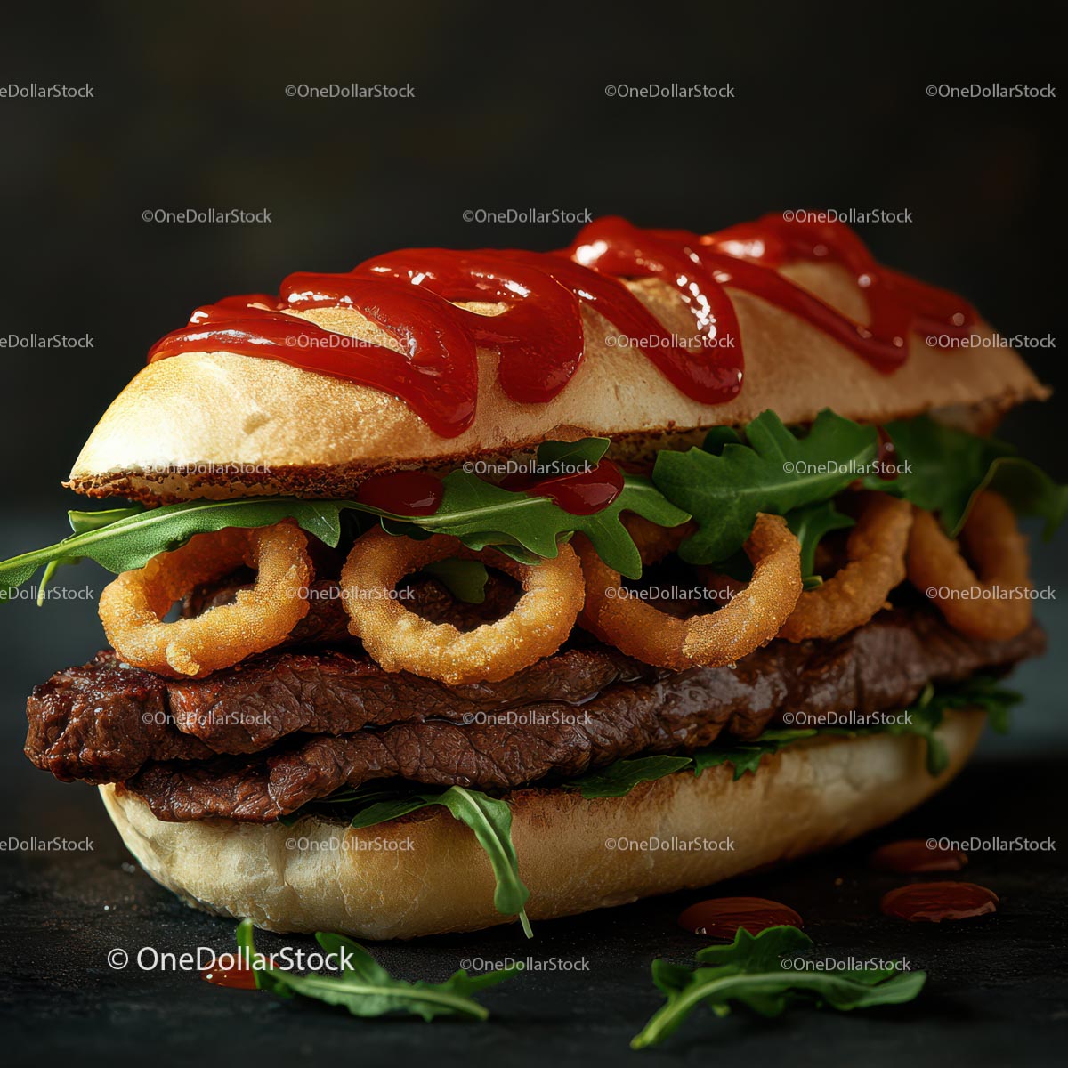 Gourmet Burger with Onion Rings and Arugula