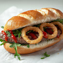 Gourmet Burger with Onion Rings and Arugula