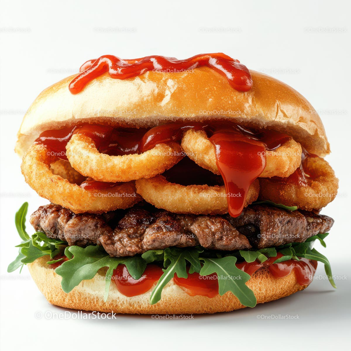 Gourmet Burger with Onion Rings and Arugula