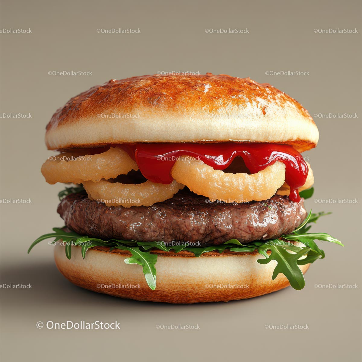 Gourmet Burger with Onion Rings and Arugula
