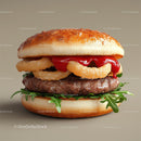 Gourmet Burger with Onion Rings and Arugula