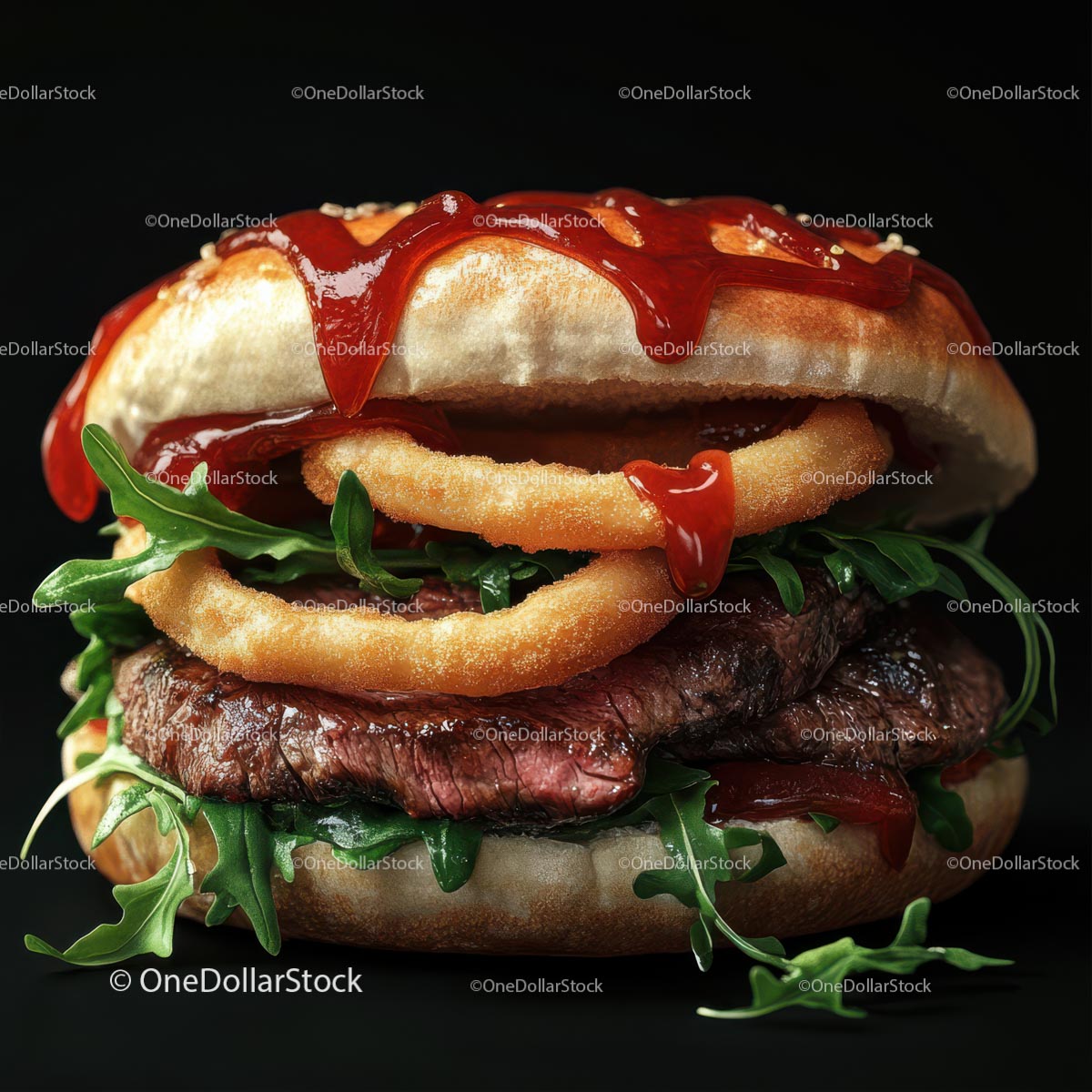 Gourmet Burger with Onion Rings and Arugula