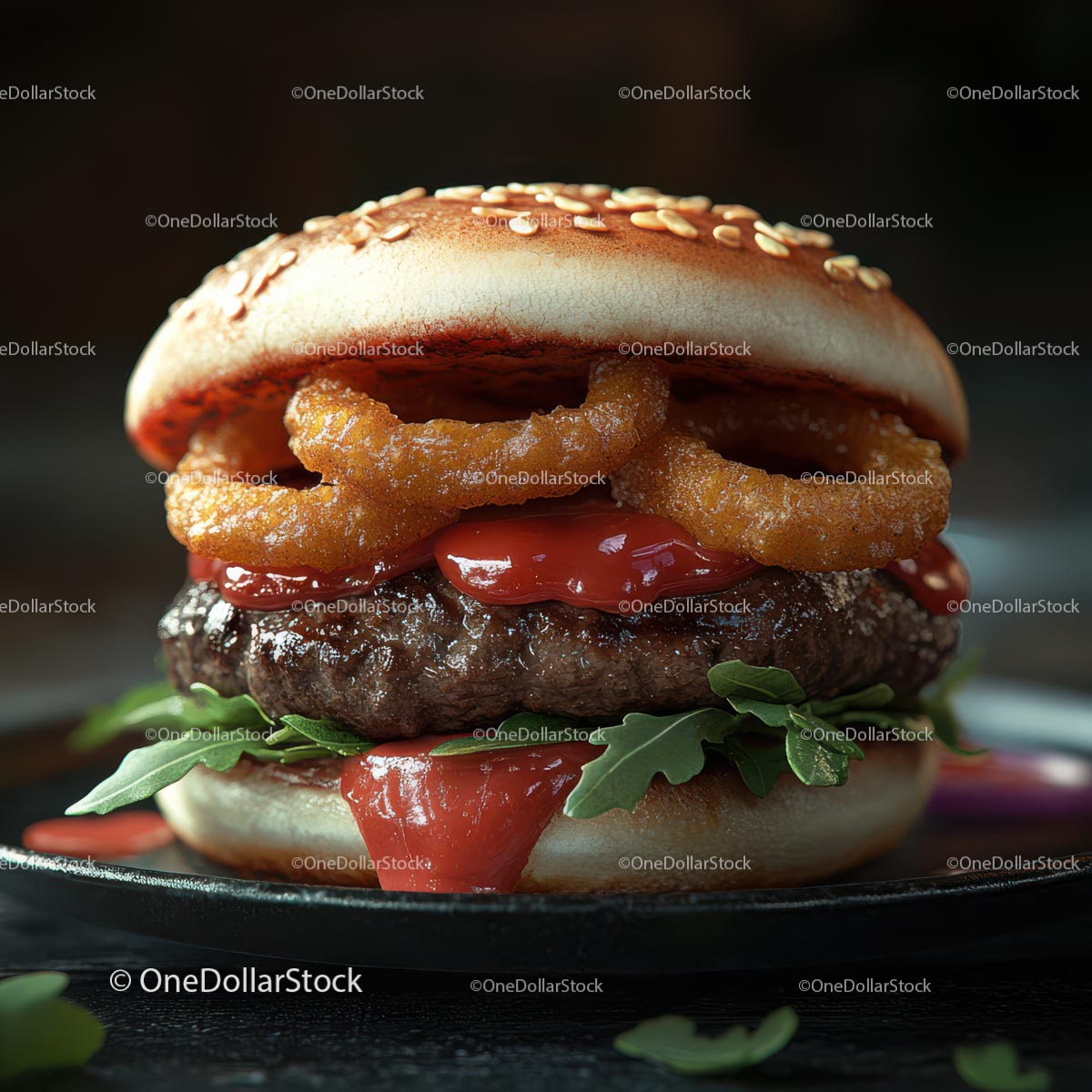 Gourmet Burger with Onion Rings and Lettuce