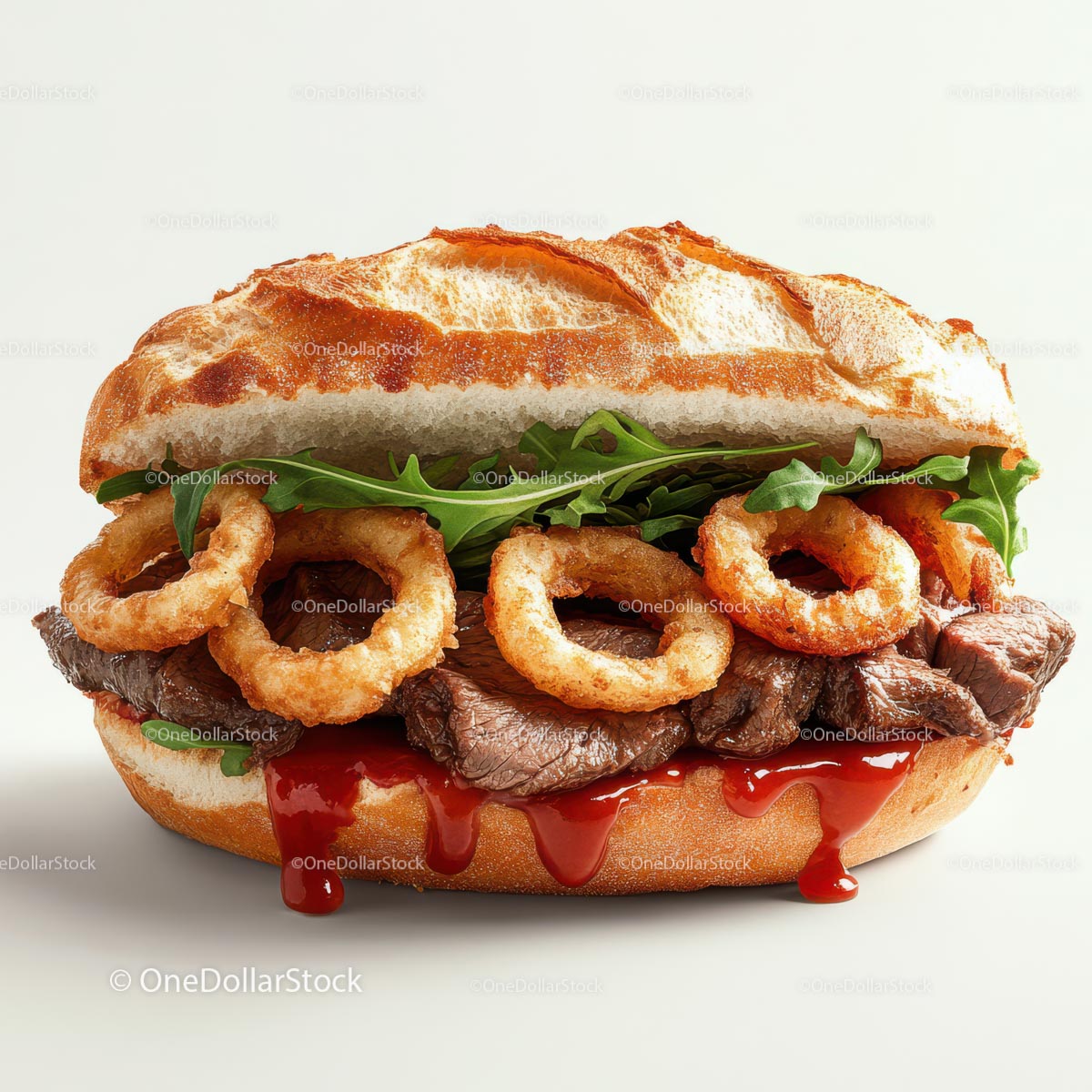 Gourmet Burger with Onion Rings and Arugula