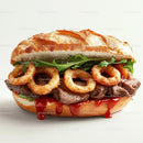 Gourmet Burger with Onion Rings and Arugula