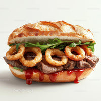 Gourmet Burger with Onion Rings and Arugula