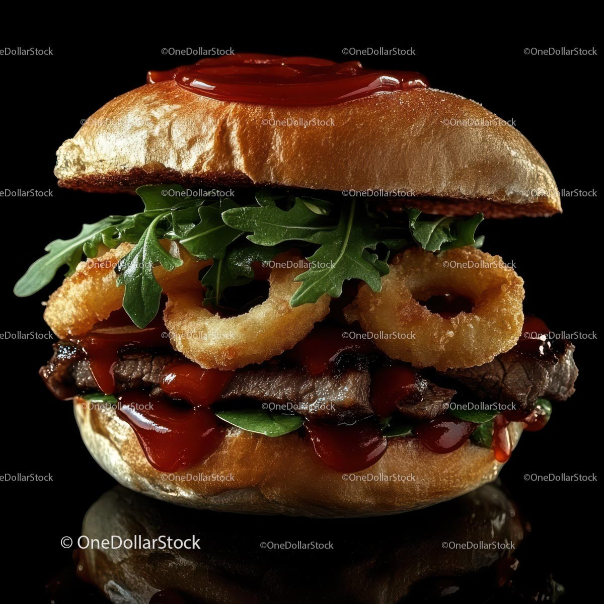 Gourmet Burger with Onion Rings and Fresh Arugula