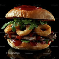 Gourmet Burger with Onion Rings and Arugula
