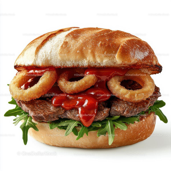 Gourmet Stack: Juicy Burger, Fresh Arugula, Crispy Onion Rings