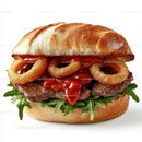 Gourmet Burger with Onion Rings and Arugula