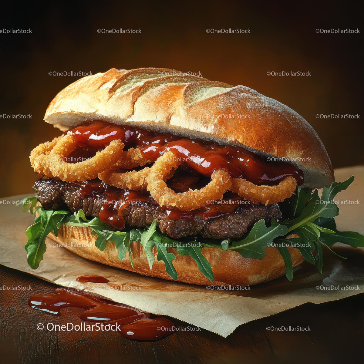 Gourmet Burger with Onion Rings and Arugula