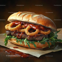 Gourmet Burger with Onion Rings and Arugula