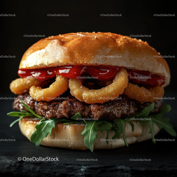 Gourmet Burger with Onion Rings and Fresh Arugula