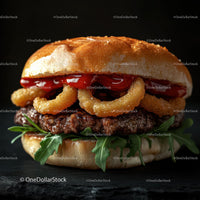 Gourmet Burger with Onion Rings and Arugula