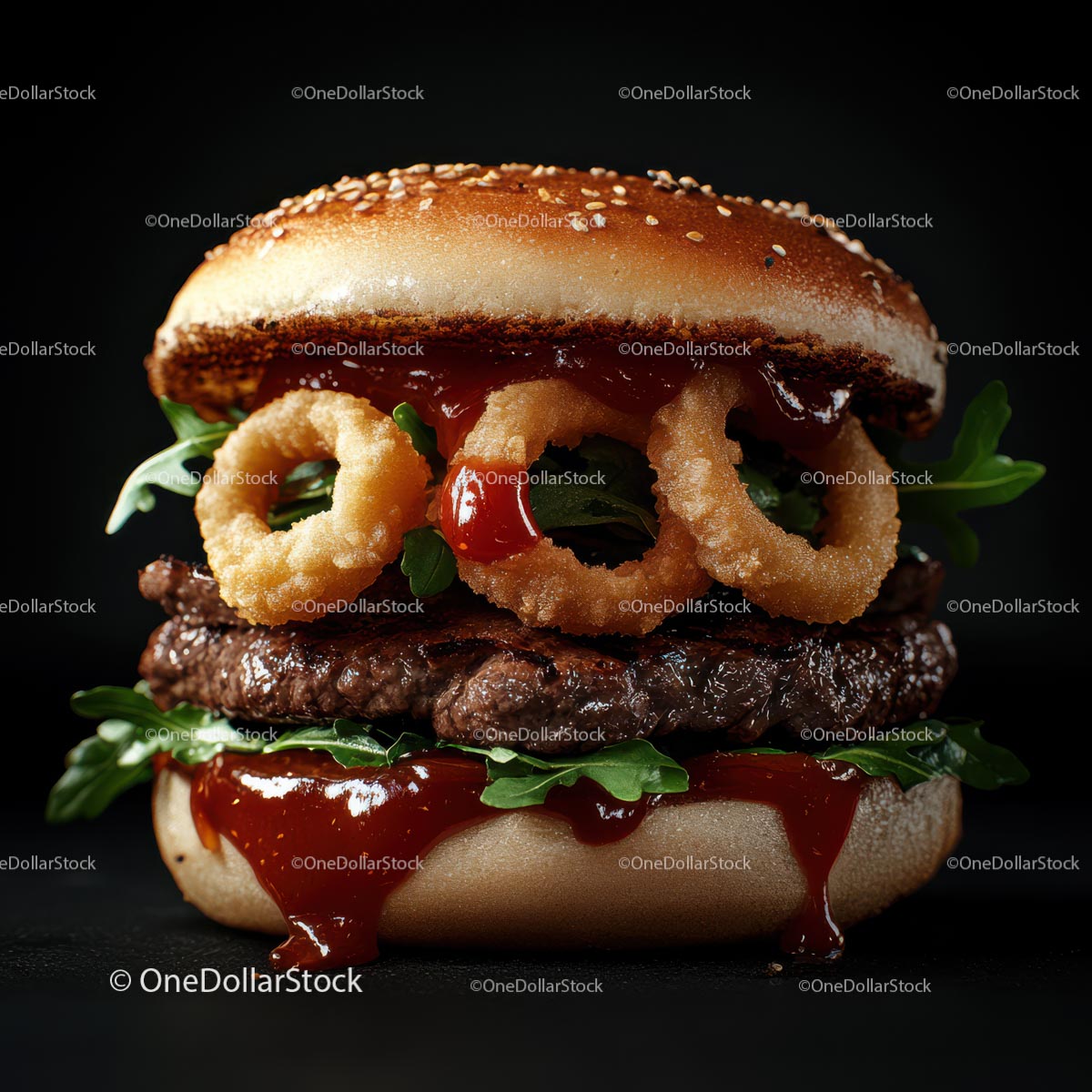 Gourmet Burger with Onion Rings and Arugula