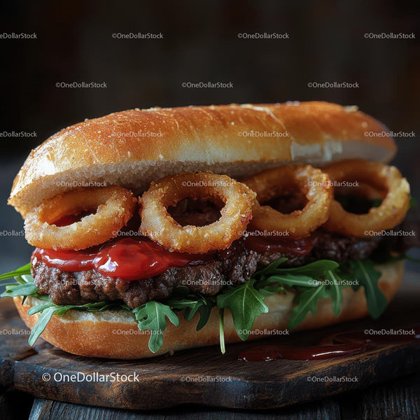 Gourmet Burger with Crispy Onion Rings and Arugula