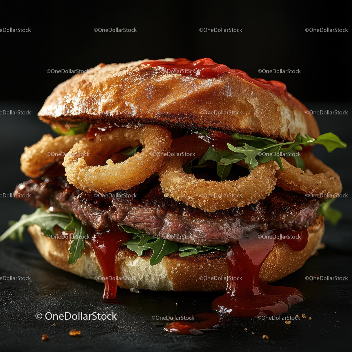 Gourmet Burger with Onion Rings and Arugula