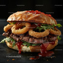 Gourmet Burger with Onion Rings and Arugula