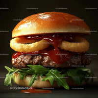Gourmet Burger with Onion Rings and Arugula