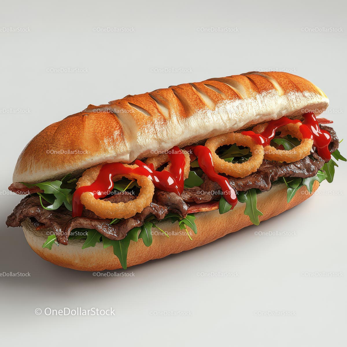 Gourmet Burger with Onion Rings and Arugula