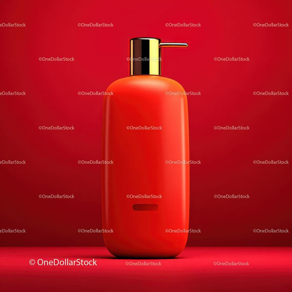 Red Pump Bottle with Gold Dispenser on Bold Red Background JPG Mockup Image