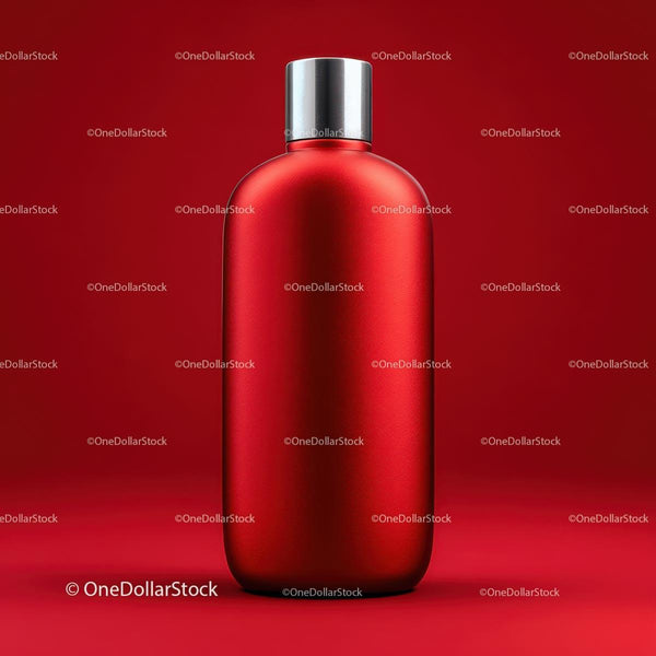 Red Matte Bottle with Metal Cap on Red Background JPG Mockup Image