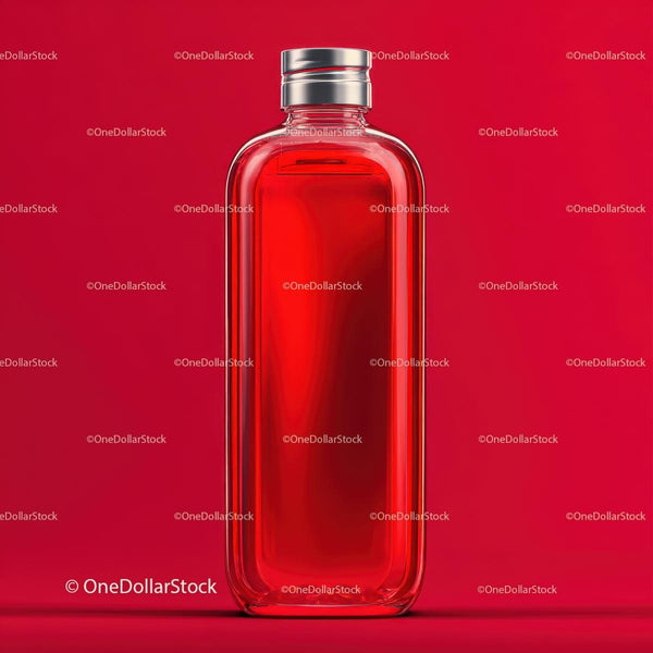 Red Glass Bottle with Metal Cap on Vibrant Background JPG Mockup Image