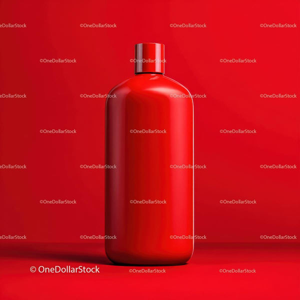 Vibrant Red Glossy Bottle on Solid Background JPG Mockup Image