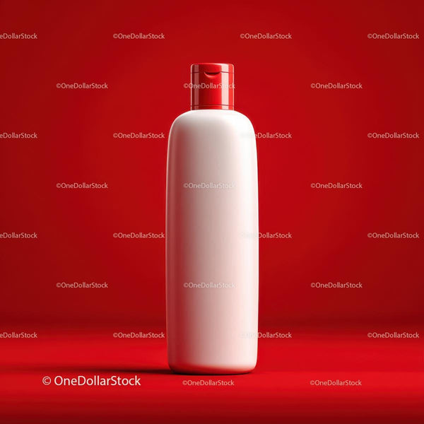 Minimalist Red Shampoo Bottle on Vibrant Background JPG Mockup Image