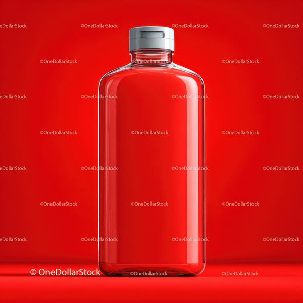 Clear Glass Bottle on a Vibrant Red Background JPG Mockup Image