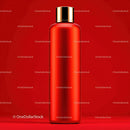 Red Cosmetic Bottle with Golden Cap on Vibrant Background
