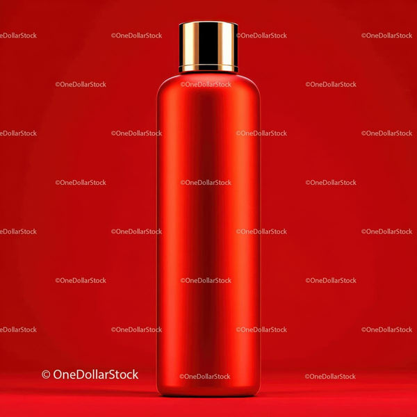 Red Cosmetic Bottle with Golden Cap on Vibrant Background JPG Mockup Image