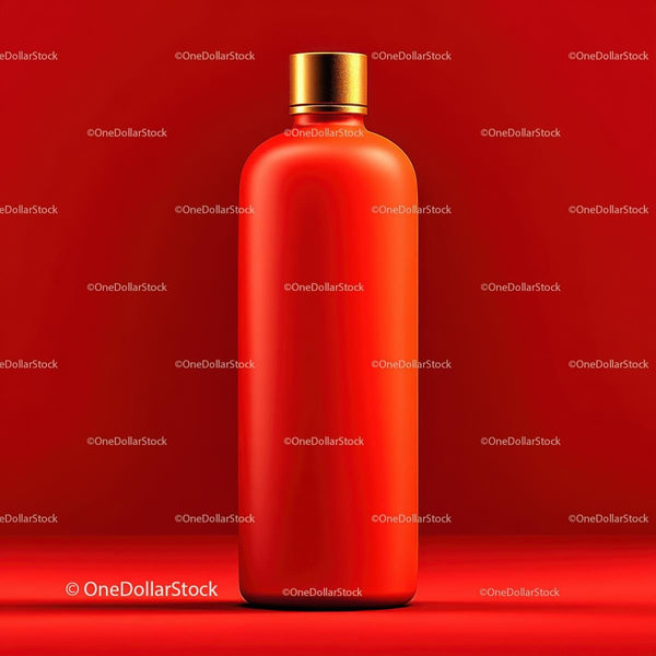 Vibrant Red Bottle with Gold Cap on Monochrome Background JPG Mockup Image