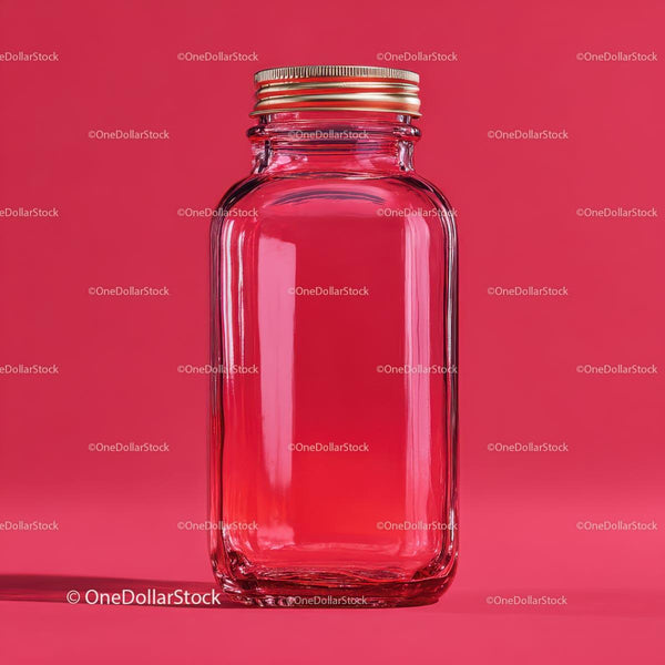 Transparent Glass Bottle on Red Background JPG Mockup Image