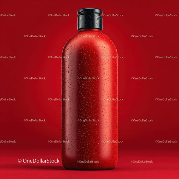 Sleek Red Bottle with Dew Drops on Red Background JPG Mockup Image