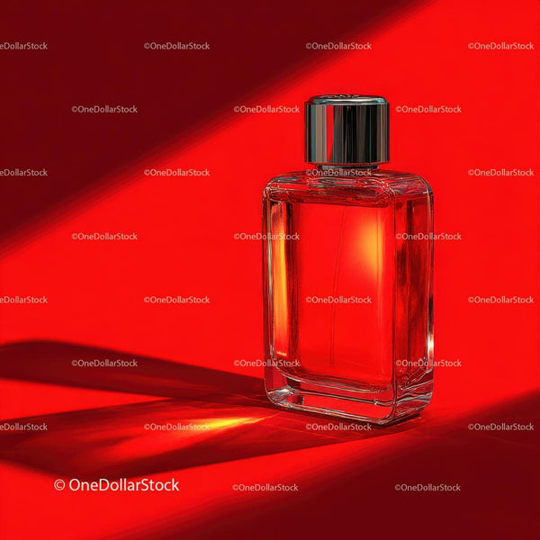 Elegant Perfume Bottle Against Vibrant Red Background JPG Mockup Image